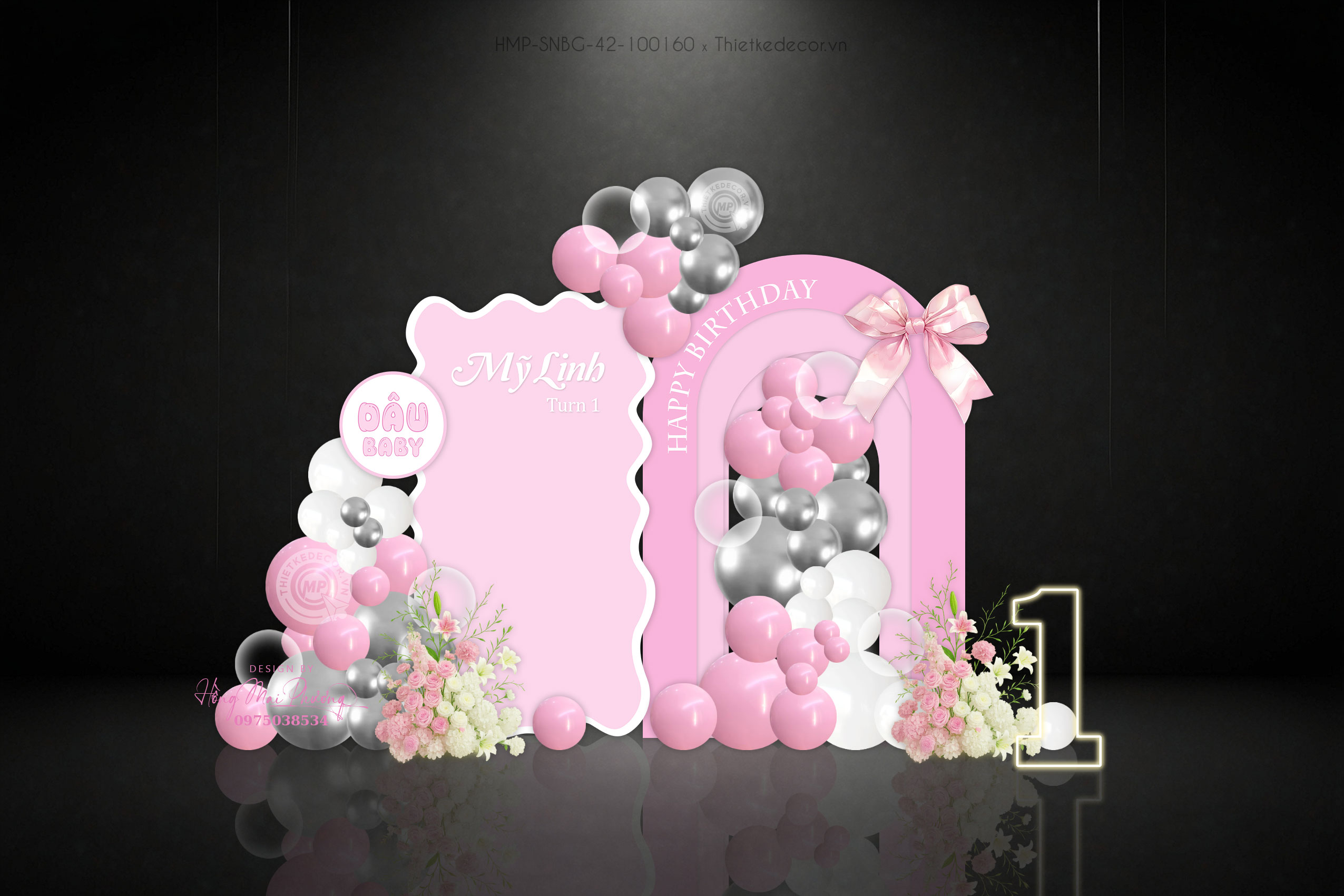 Sinh nhật bé gái tone hồng gắn nơ xinh xĩu